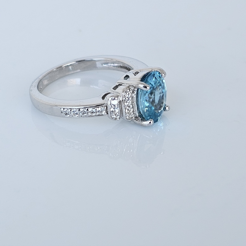 Natural Cambodian Blue Zircon & White Zircon Ring Sterling Silver Size 6 - Picture 5 of 10